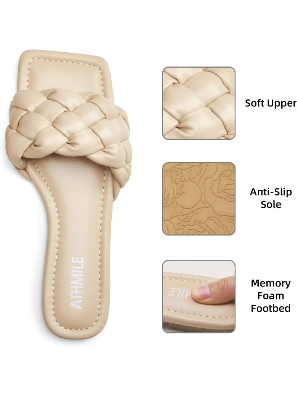 Women's Beige Leather Causal Slip on Square Open Toe Fashion Slide Flat Sandals - Picture 5 of 6